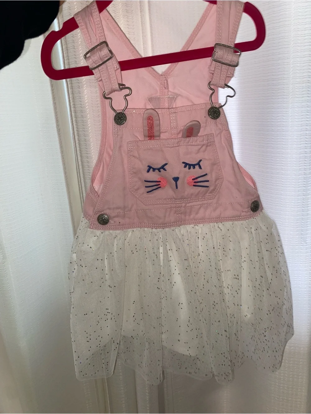 OshKosh B'gosh Pink Bunny Overall Dress Girls 3T Sleeveless Tulle Cotton Knee